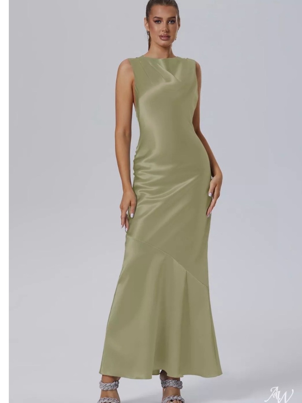 AW Bridal Olive Green Satin Celestia Dress Size 2